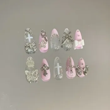 Y2K Pink Gyaru French Almond Handmade Press On Nails 3D Butterfly Star Cross Diamond Fake Nails Cute Bow Silver Glitter Nail Art 1