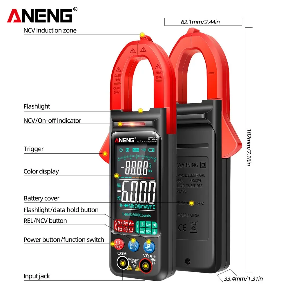 ANENG  Ŭ , 6000 īƮ, DC AC  400A  Ƽ,  ÷ ũ  ׽, ڵ Hz NCV , ST212