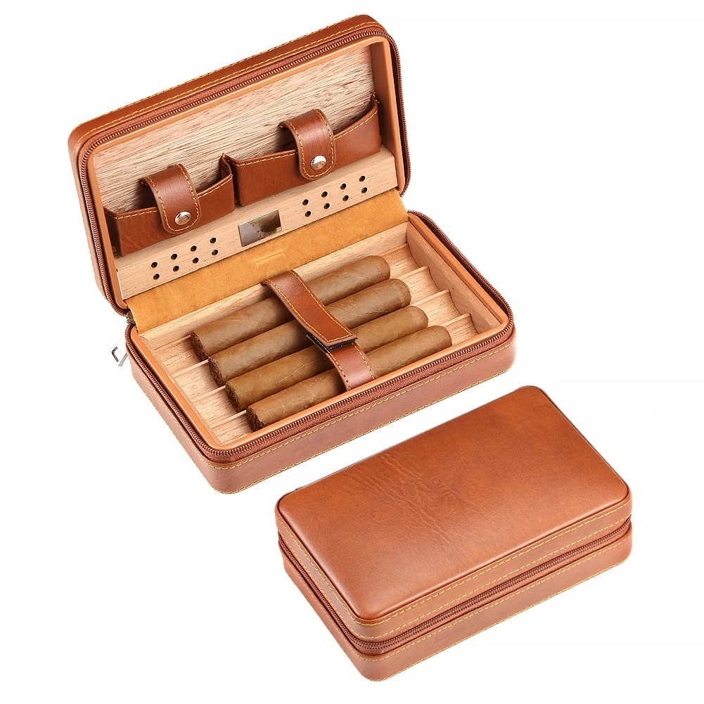 GALINER Charuto Cedar Wood Cigar Humidor Box Travel Leather Cigar Case  Storage 4 Cigars Box Humidor Humidifier For Sigar