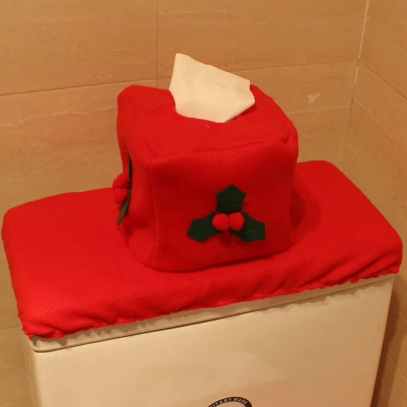 Description Picture 6 of item1/2/3pcs Santa Clause Pattern Toilet Seat Cover Bathroom Foot Pad Red Bath Mat Contour Rug Set Christmas Decoration For Home