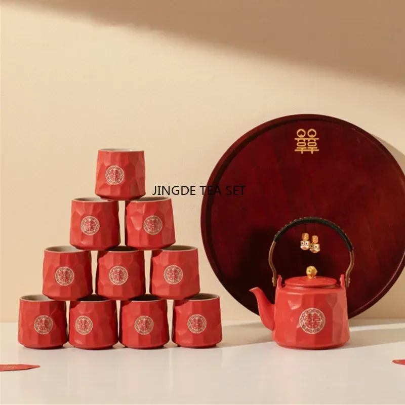 High end Chinese ceramic tea set red handmade tea cup bamboo tray home wedding tea set holiday gift