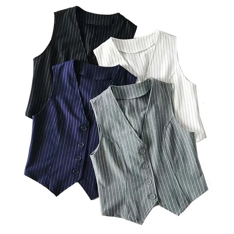 Women Stripe Vest Suit Waistcoat Vest Ladies V-Neck Career Crop Tops Office Formal Work Wear Elegant OL Outerwear Fall Mujer