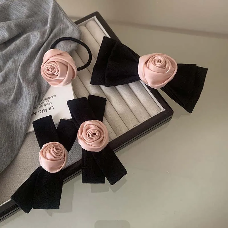 Korean Pink Rose Bow Hair Clip for Women Vintage Elegant Solid