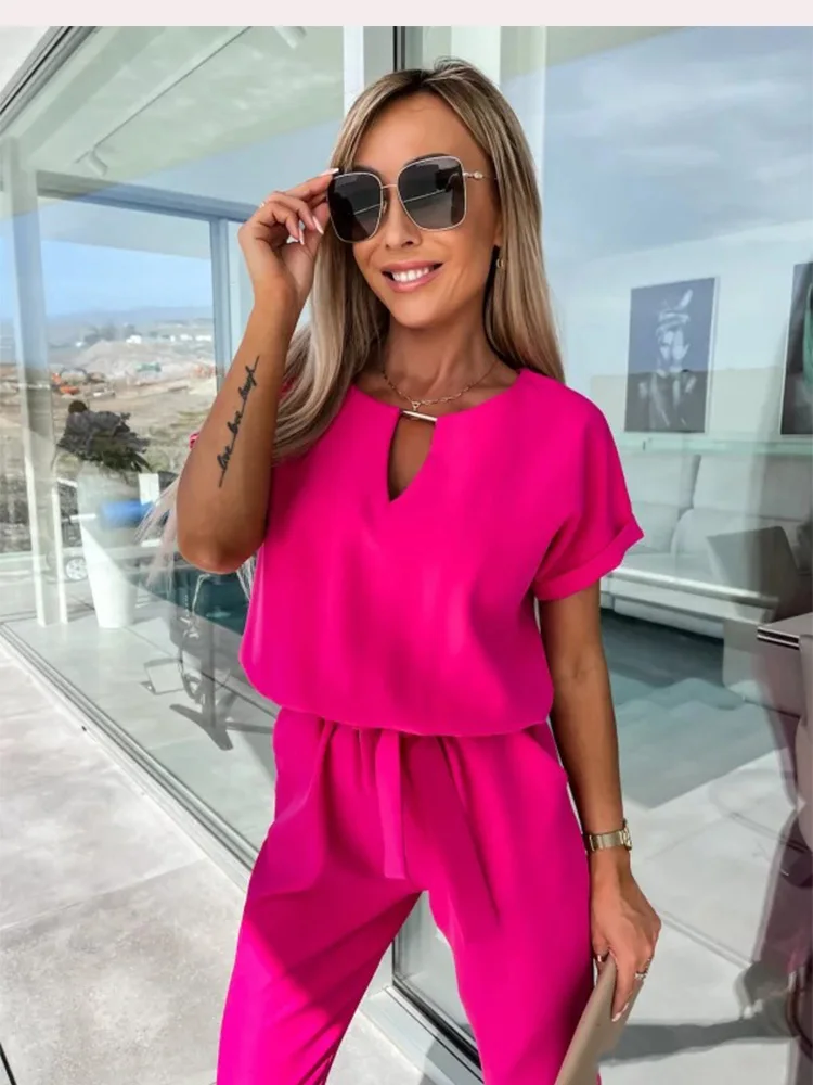 Summer Elegant Women Jumpsuit V-neck Fashion Short Sleeve Elastic Waist Belt Slant Pocket Casual Pants Romper Simple Jumpsuits