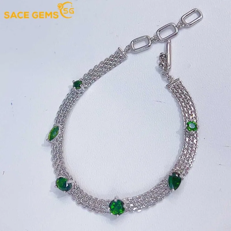

SACE GEMS Luxury 925 Sterling Silver 4*6MM Natural Diopside Gemstone Bracelrts for Women Engagement Cocktail Party Fine Jewelry