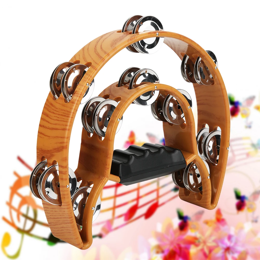 Plastic Double Tambourine Metal Jingles Half Moon Shaped Hand Bell Drum for Karaoke Performance Party Free Style Dance Portable