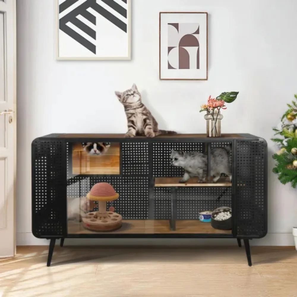 Spacious Cat Cage Houses With Tempered Glass Indoor Cat Furniture internal shelf For Living Rooms, Hallways, Dens