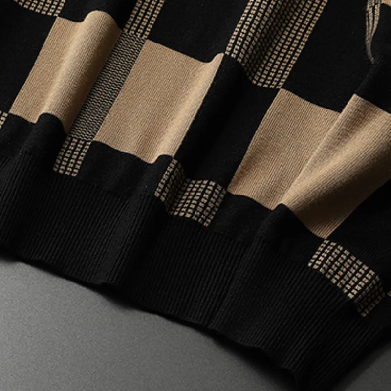 Fall Lattice Letter Print Contrasting Color Men Long Sleeve Slim Knitted Pullover Sweater Social Dress Shirt Streetwear Clothing