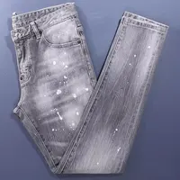 Jeans pour hommes rétro Y2KStreet Fashion, de haute qualité, extensibles, coupe slim, déchirés, peints, de marque de créateur, denim vintage, gris 5