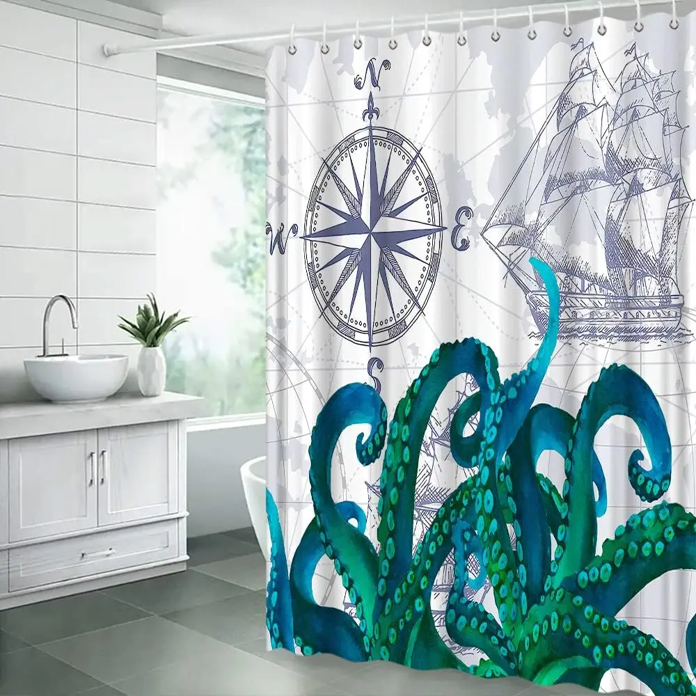 Blue Octopus Tenda Da Doccia Ocean Animal Kraken Octopus Tropical Fish Seashell Nautical Underwater Marine Life Tende Da Bagno