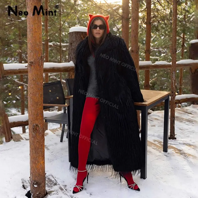 Long Eco Turkey Fur Coat Women Winter Luxury Fashion Tassels Faux Fur Jacket Thick Warm Fluffy Outerwear Overcoat