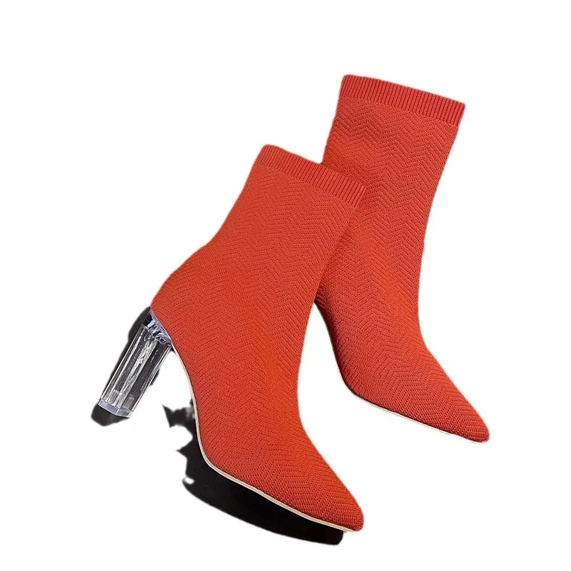 Spring and Autumn New Woven Black Women Boots Thick Heel Mid-tube Women's Fashion Elastic Pointed Toe Fashion Boots