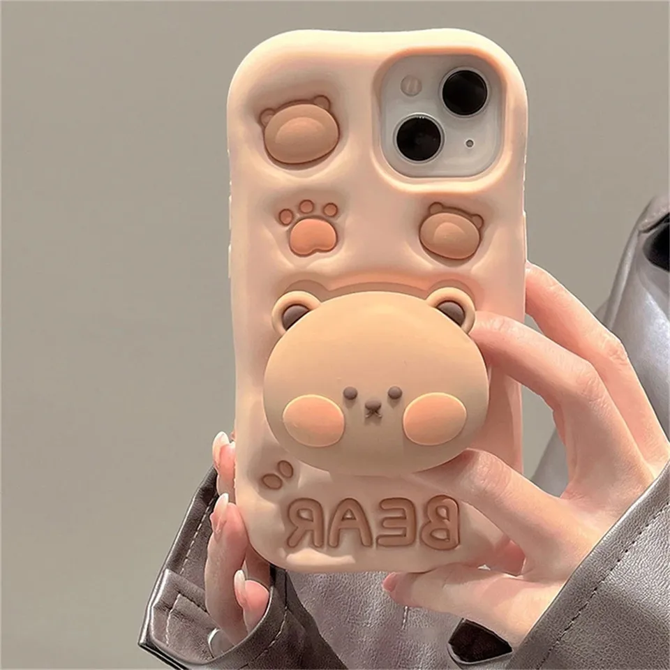 Cute Brown Bear Hidden Holder Custodia Morbida In Silicone 3D Per Iphone 15 14 13 12 11 Pro Max Custodia Antiurto Anti-Goccia Per Cartoni Animati