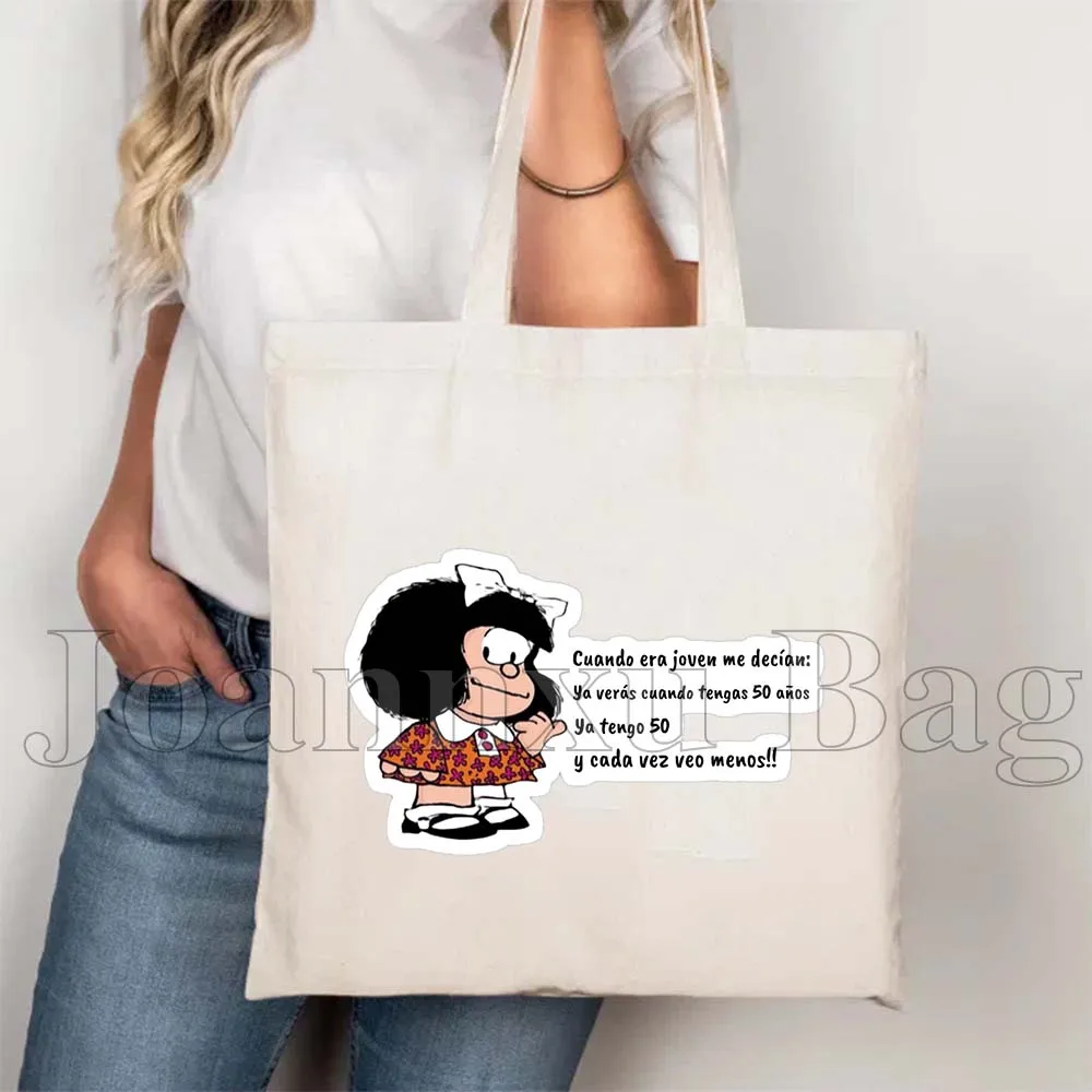 Funny Spanish Quotes Kawaii Cartoon Girl Mafalda Quino Comics Cute Mafalda Comics French Gifts Canvas Totes Bag Casual Handbags