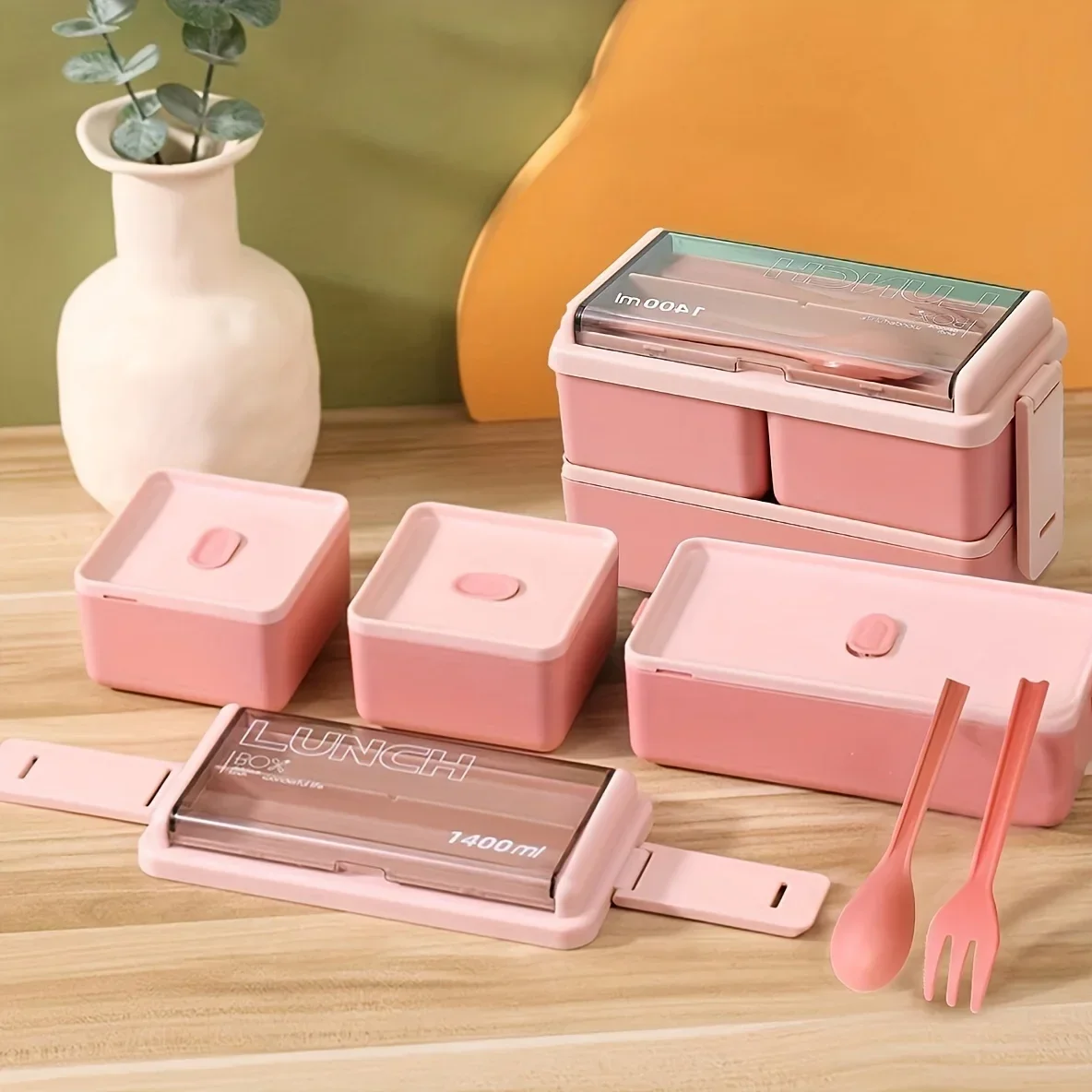 1pc Microwave-Safe Dual-Compartment Lunch Container Fresh-Keeper with Spacious Compartments and Complete Cutlery Set