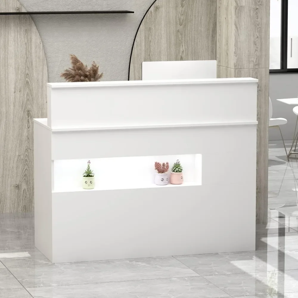 Reception Desk with Light Display Shelf & Lockable Drawers Office Desk Reception Counter Table with Keyboard Tray and Door
