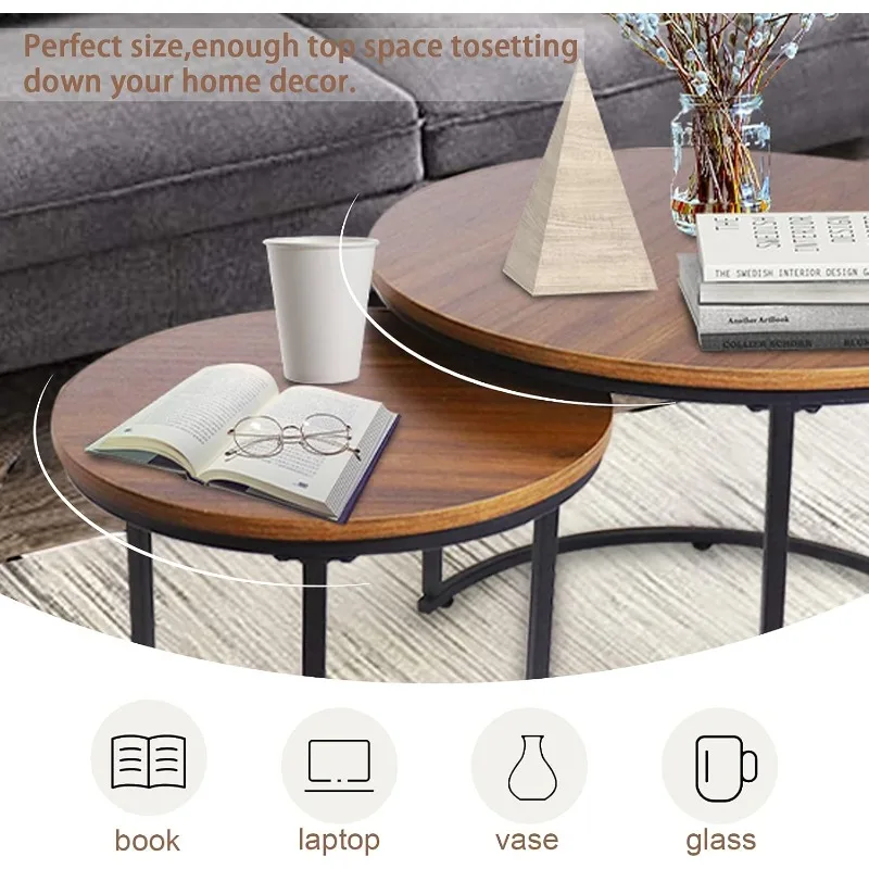 Coffee Table Nesting Side Round Set of 2 End Table Top Sturdy Metal Frame Desk Centerpiece Living Room Bedr 5