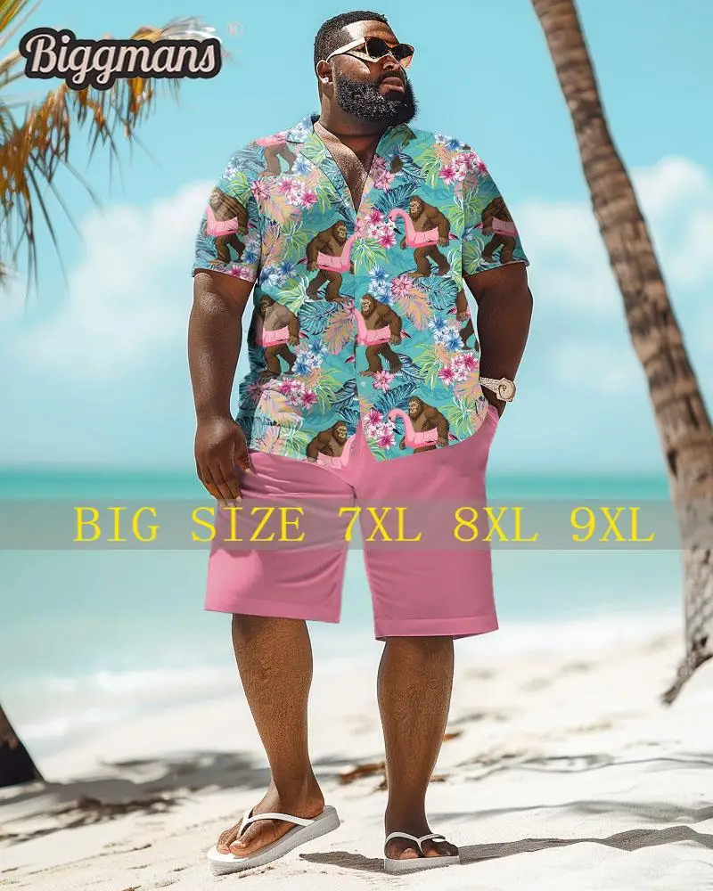 Biggmans Shirt Plus Size Set L-9Xl for Summer Oversize Hawaii Suit  Men's Coconut Tree Orangutan Print Large 7XL 8XL