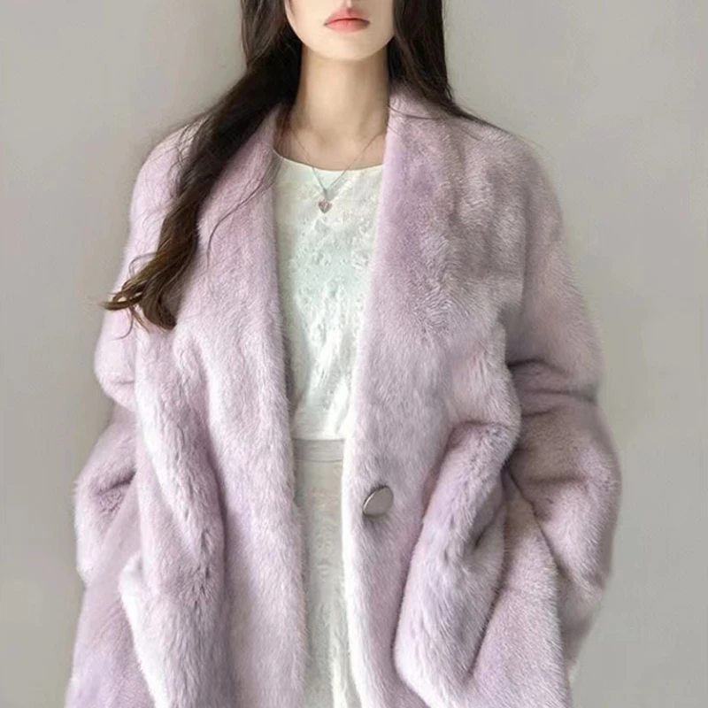 2023 Autumn Winter New Women Faux Fur Coat Fashion Casual Lamb Wool Outwear Mid Length Version Solid Color Outcoat Warm Parkas