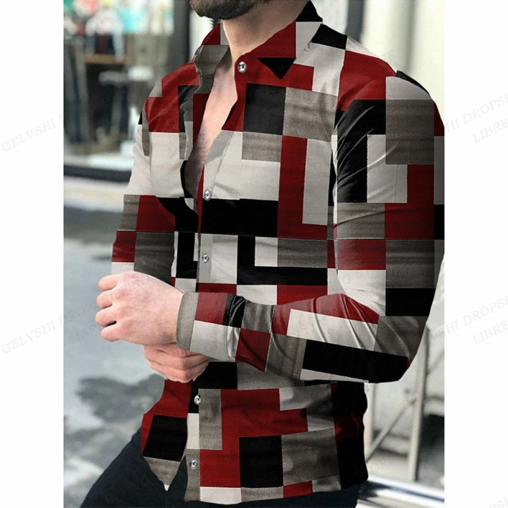 

Lattice Shirts Men Fashion Shirt Long Sleeve Hawaiian Shirts Cuba Beach Blouse Mens Clothing Turn Over Collar Camisas Streetwear