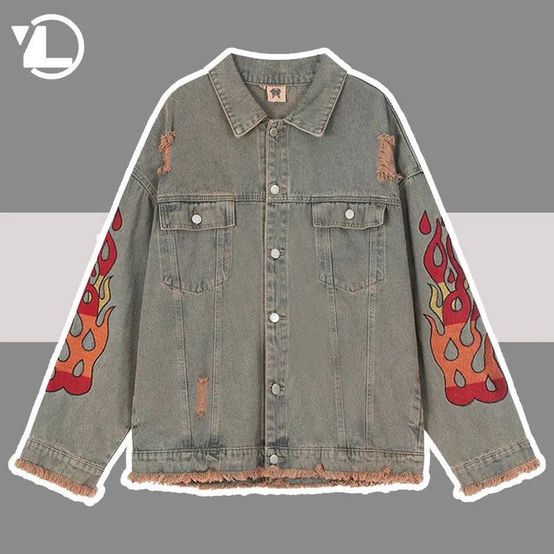 

Retro Wash Denim Jackets Men Women High Street Flame Embroidery Holes Windbreaker Coats Hip Hop Letter Printed Loose Jean Jacket