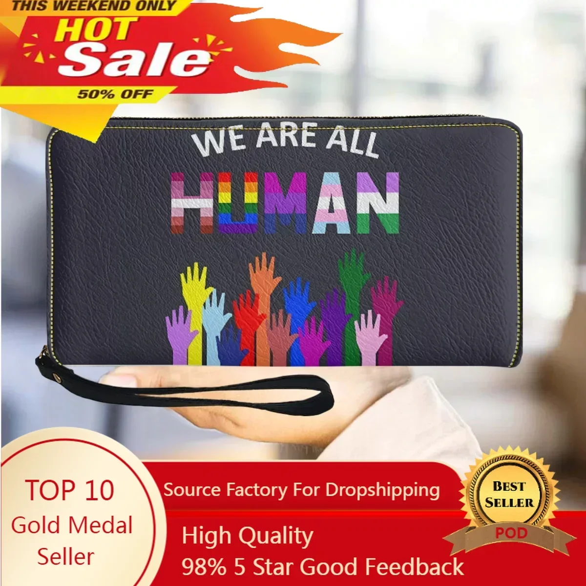 

We Are All Human LGBT Gay Rights Pride Print Wallets Zipper Wristband PU Leather Party Clutch Commuter Shopping Coin Purse Gift