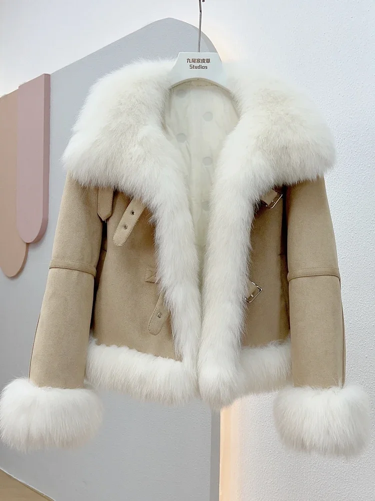 Short Lapel Down Jacket Real Fox Fur Thick Warm Coat Winter New Fashion Design Female Trendy Classic Elk Skin Outer Wear Fluffy