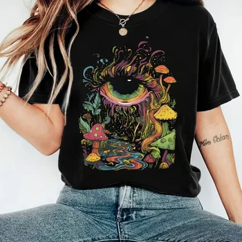 Mysterious Eye and Fantasy Mushroom Dream Pattern T-shirt Short Sleeve Casual Round Neck Top Spring/Summer Women's Wear 1