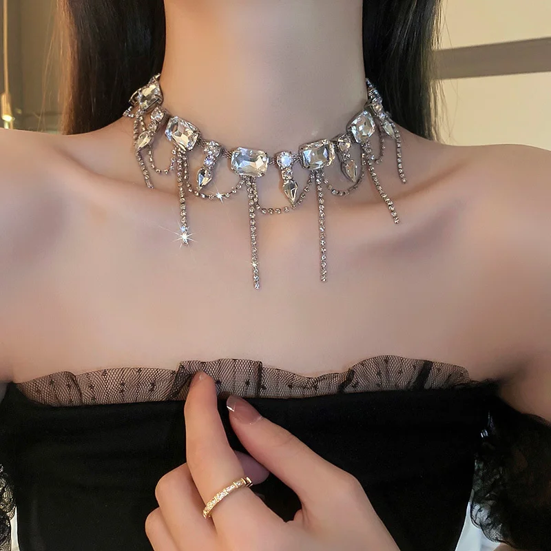 FYUAN 여성용 기하학적 사각형 크리스탈 초커 목걸이, 긴 술 쇄골 체인 목걸이, 진술 보석 선물