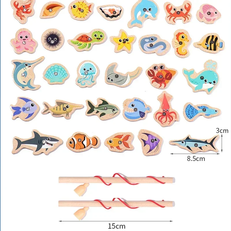 Wooden Magnetic Fshing Toy Marine Life Cognition Fish Rod Toys Children Early Educational Parent-child Interactive Board Game 2