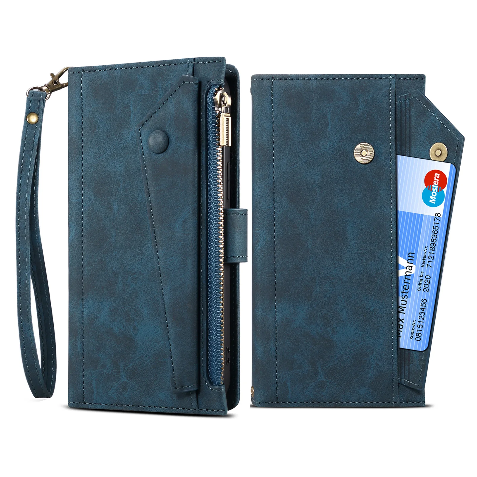 Luxury Leather Crossbody Zipper Wallet Case with Lanyard and Multi Card Slots