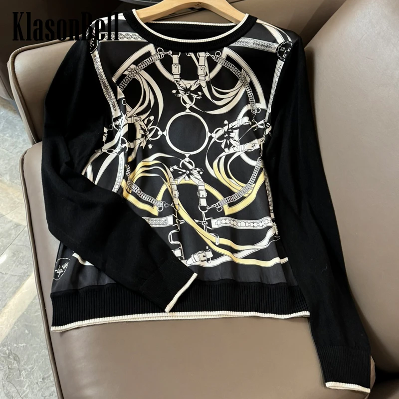 

4.15 KlasonBell Chain Print Silk Spliced Ribbed O-Neck All-matches Casual Knitwear Fit Women Black Pullover Top