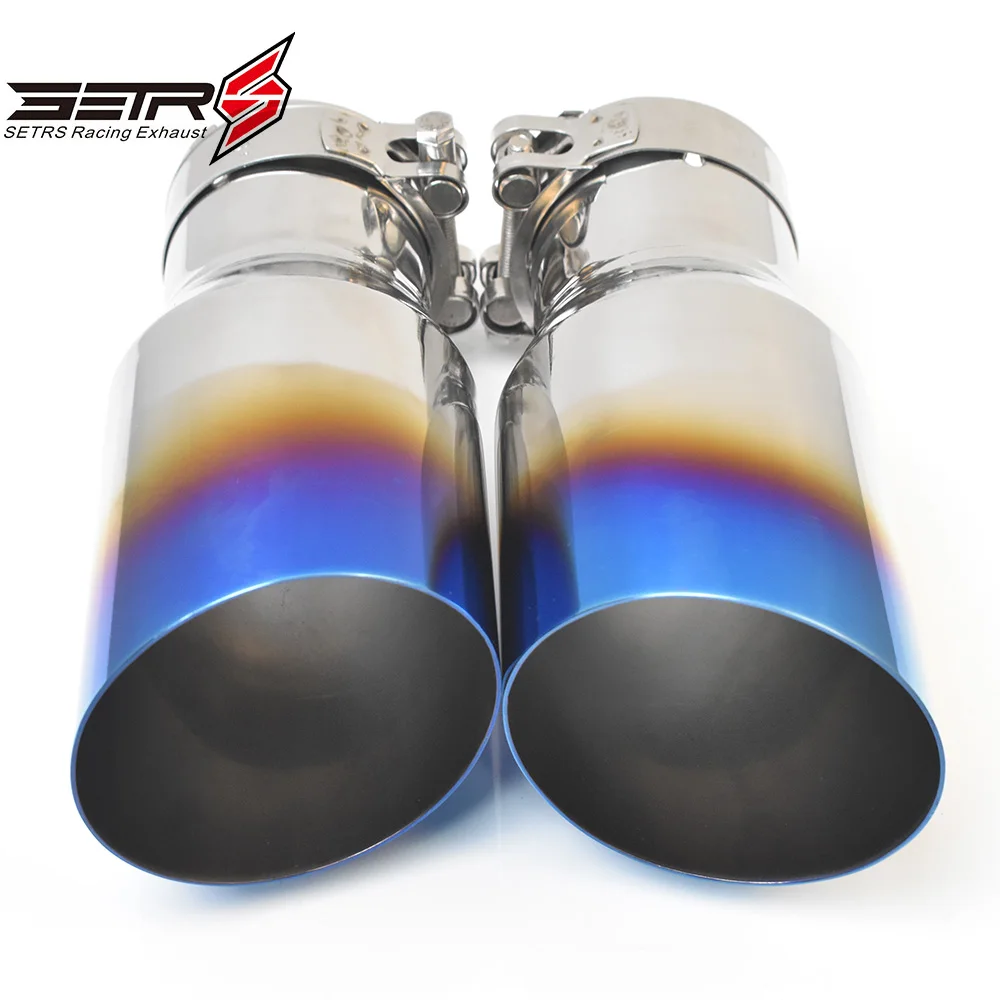 1Pc Universal Brunt Blue Stainless Steel Slahed Cut Flange Exhaust Pipe Curly Muffler Tip For E90