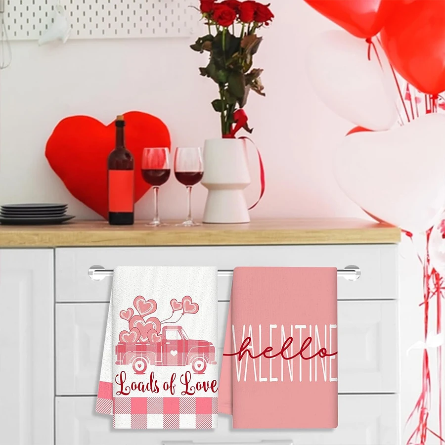 2 Valentine's Day kitchen towels, pink and white checkered 40 * 60cm heart-shaped love truck printed tea towelssuitable for cook