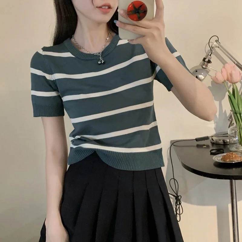 Zomer Casual Mode Gestreepte Bedrukking T-shirt Dames Korte Mouw Pullover Tops Dames Losse O-hals Tee Vrouwelijke Kleding311_voghion.com