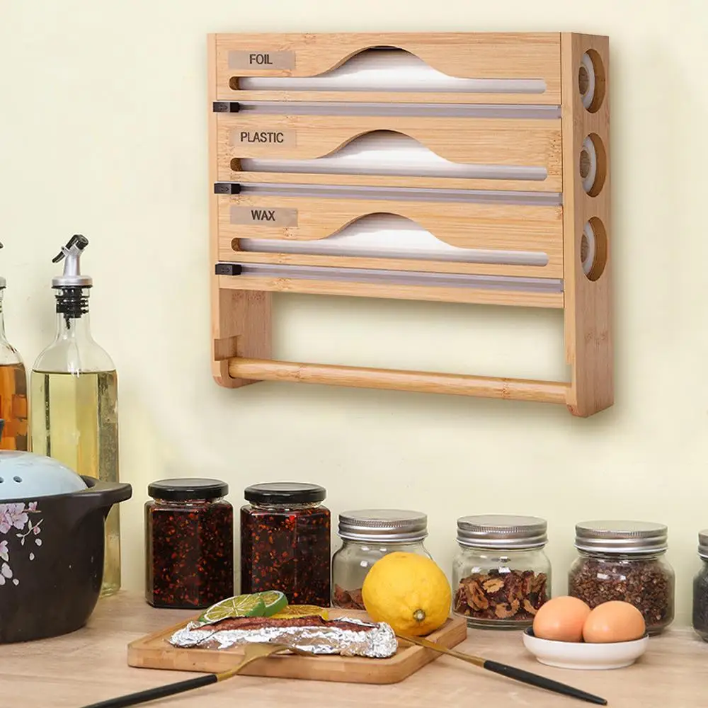 Organizer per sacchetti con chiusura a zip Dispenser in bambù 6 in 1 per fogli e involucri di plastica con taglierino per cassetti da cucina