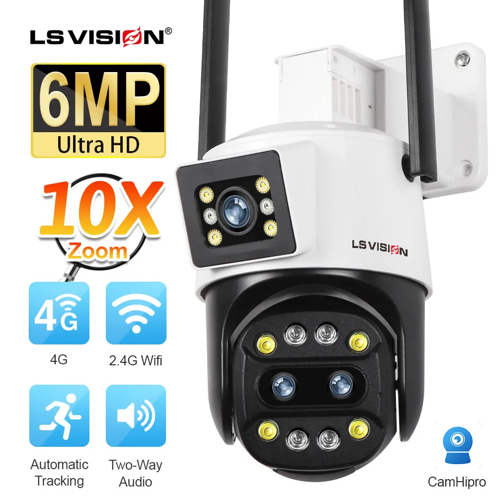 

LS VISION 6MP 10X Zoom IP Camera WiFi Outdoor 4G Sim Three Lens Dual Screens P2P Auto Tracking IP66 Waterproof Security Camera