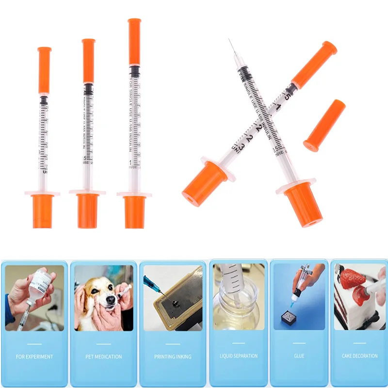 Disposable Plastic Syringe 5Pcs 0.3/0.5/1ML Disposable Plastic Veterinary Syringe Orange Cap Sterile Insulin Syringe With Needles For Pet Farm Animal