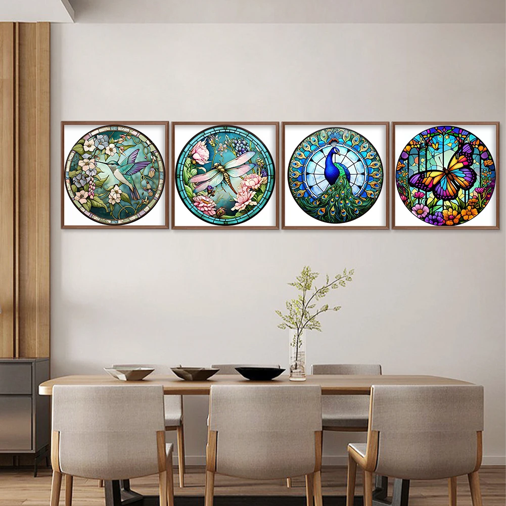 4pcs Full Embroidery Cotton Thread 18CT Print Stained Glass Cross Stitch 20x20cm