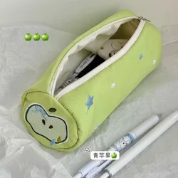 Kawaii Pink Roll - Up Pencil Case & Cosmetic Pouch with Cartoon Design (Green Apple)
