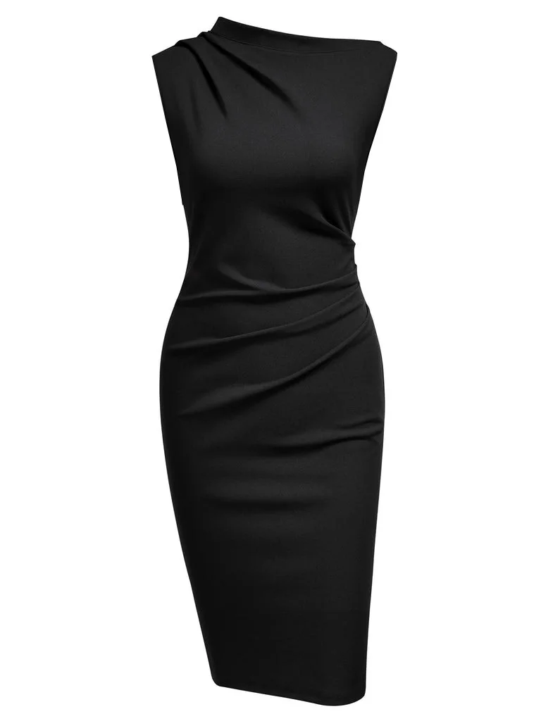 Women Sleeveless Ruched Vintage Slim Work Office Cocktail Party Knee Length Sheath Bodycon Pencil Slim Dress 6