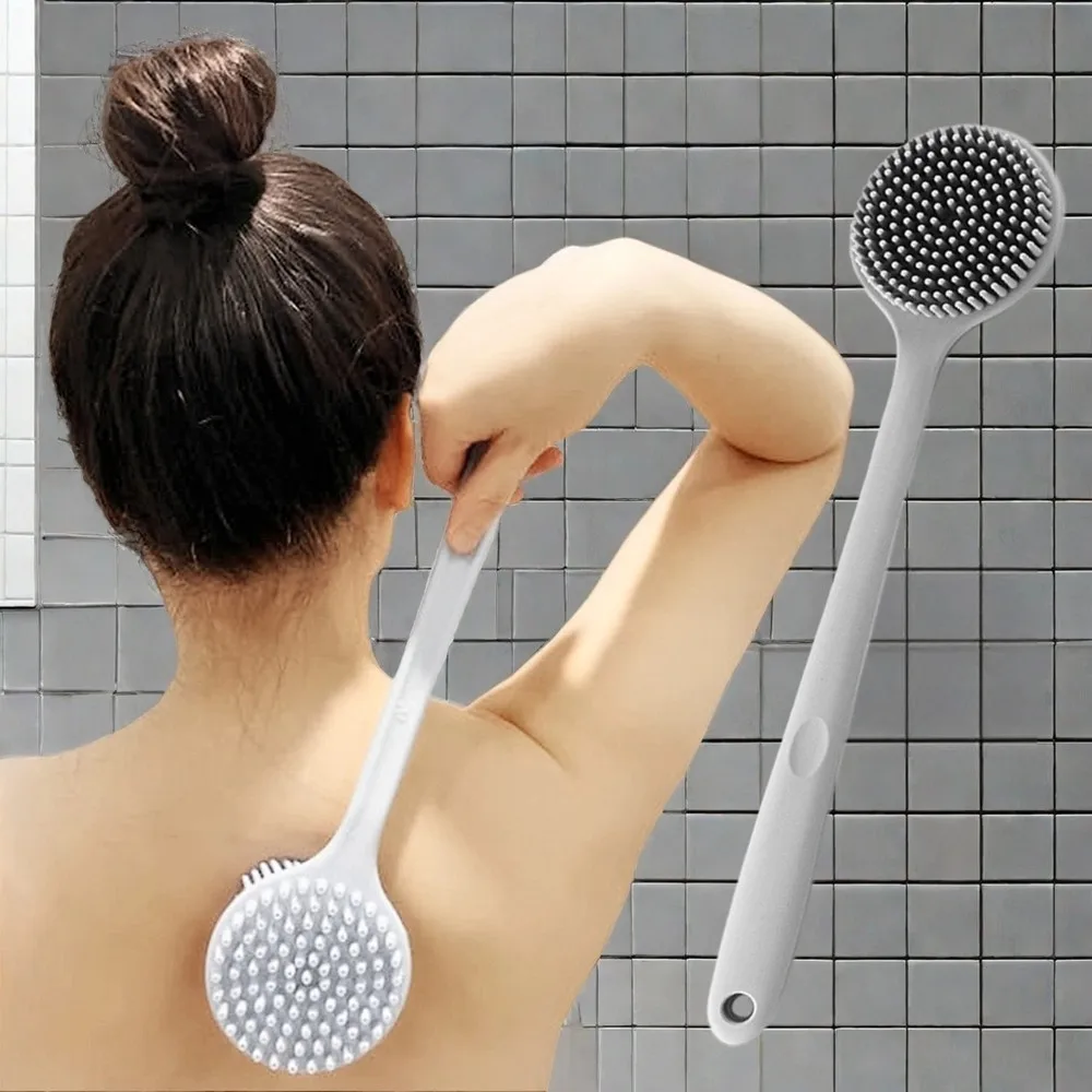 Silicone Scrubber Long Handle Exfoliating Shower Brush Double Sided Back Cleaning Dirt Remover Massage Bathing Body Skin Care