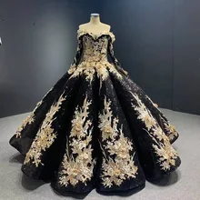 

Luxury Black Quinceanera Dresses Sequined Appliques Long Sleeve Formal Princess Ball Gown For Sweet 16 Girl Vestidos De 15 Años
