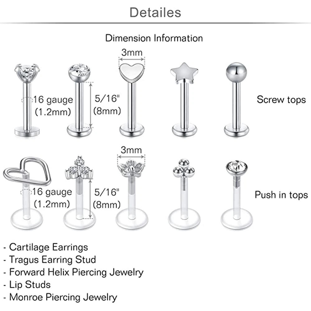 16G Forward Helix Earring Cartilage Tragus Earrings Stud Stainless Steel & Clear Flexible Lip Rings Labret Studs Monroe Piercing