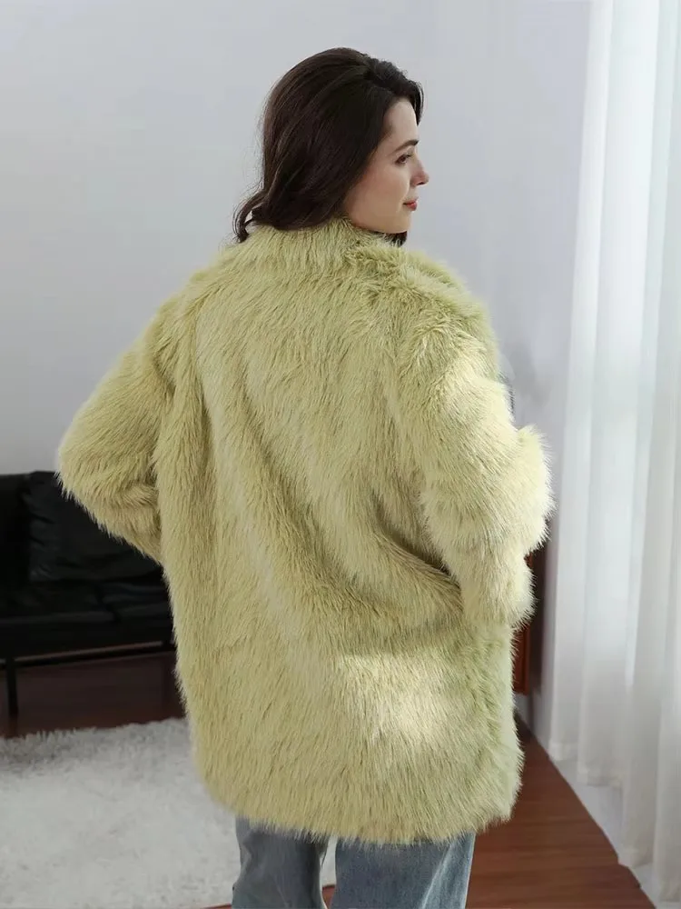 HH Women Fashion Faux Fur Long Coat Elegant Solid Lapel Long Sleeve Jacket 2025 Autumn Winter Warm Thicken Yellow Outwear
