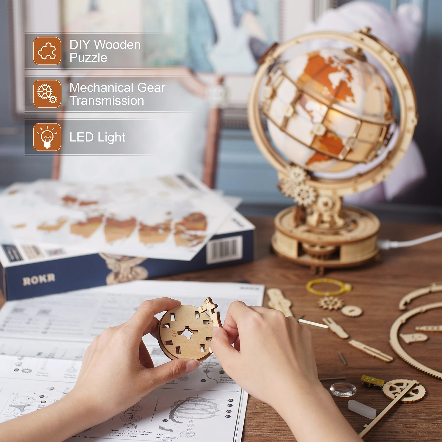 Wooden Globe Lamp 3D Puzzle Games for Birthday Gift for Kids Adults for Home Decor Building Blocks 3D 3