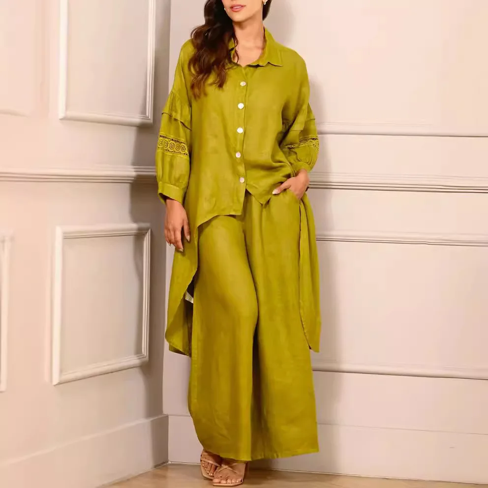 Women's solid color lace design stitching 7-point rotator cuff shirt skirt+wide-leg pants suit women suit