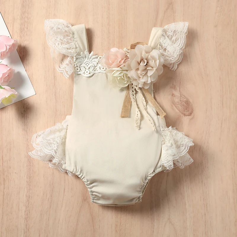 Newborn Baby Girl Romper Infant Clothes Summer Sleeveless Lace Jumpsuits with Lace Skirt Solid Flower Ruffles Playsuit