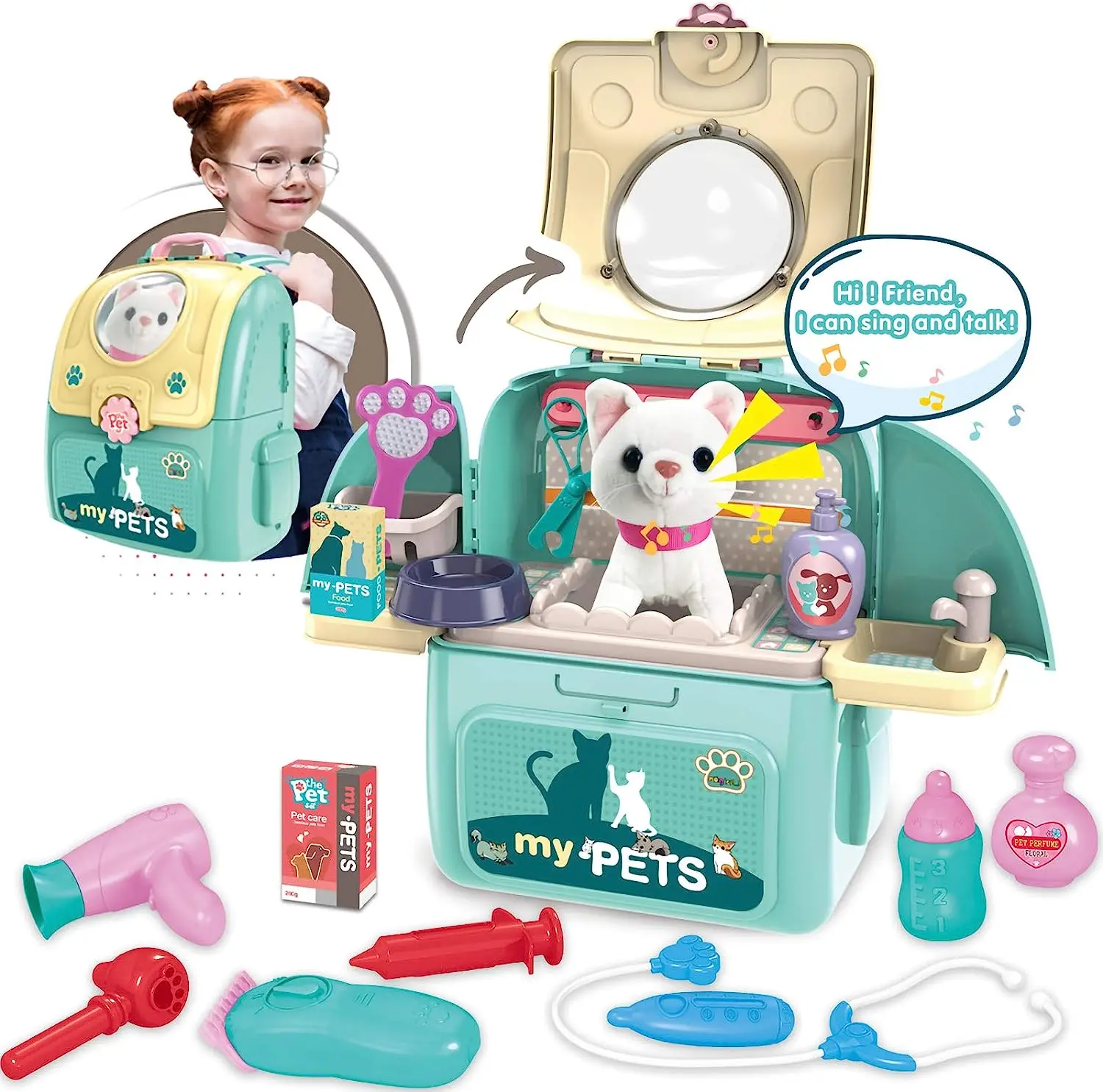 

Pet Cat Carrier Backpack Doctor Cart Kit for Kids Pretend Toy Veterinarian Kit Pretend Medical Play Set for Toddler kitchen