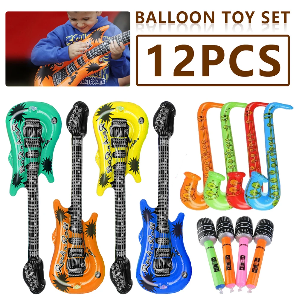 12 pcs Children's Pvc Inflatable Guitar Balloon Musical Instrument Toy Microphone Saxophone Radio Lute Party Props Gift | Игрушки и